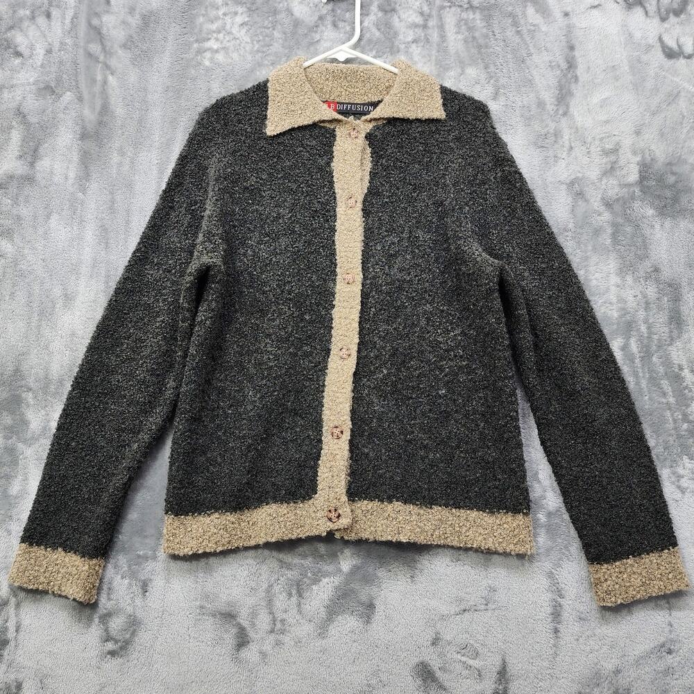 Vintage IB Diffusion Sweater Womens L Gray Tan Wool Blend Curly‎ Knit Cardigan